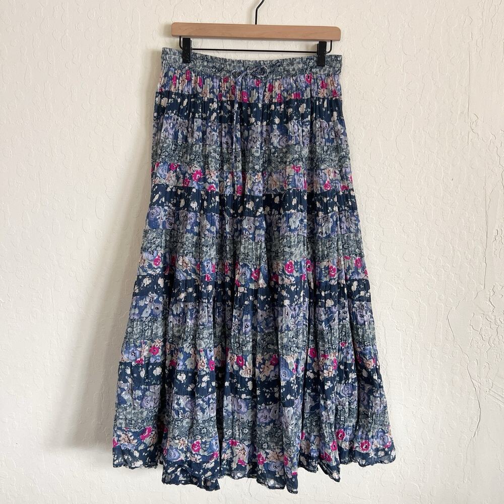 Vintage Silver Stream Patchwork Floral Tiered Pull On Midi Skirt One Size Boho